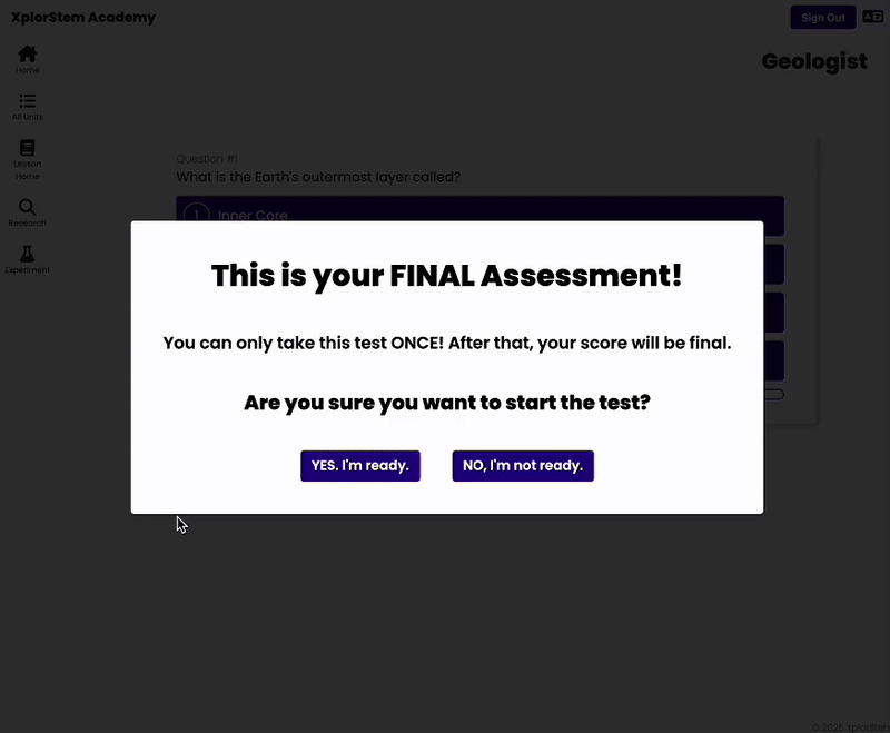 Demonstration of Xplorstem Academy's Assessment section.