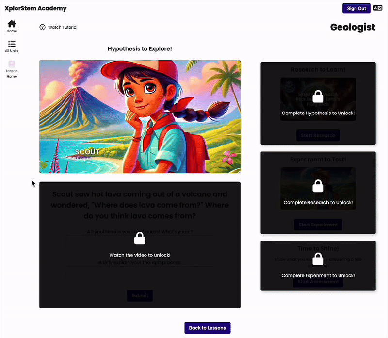 Demonstration of Xplorstem Academy's hypothesis section.
